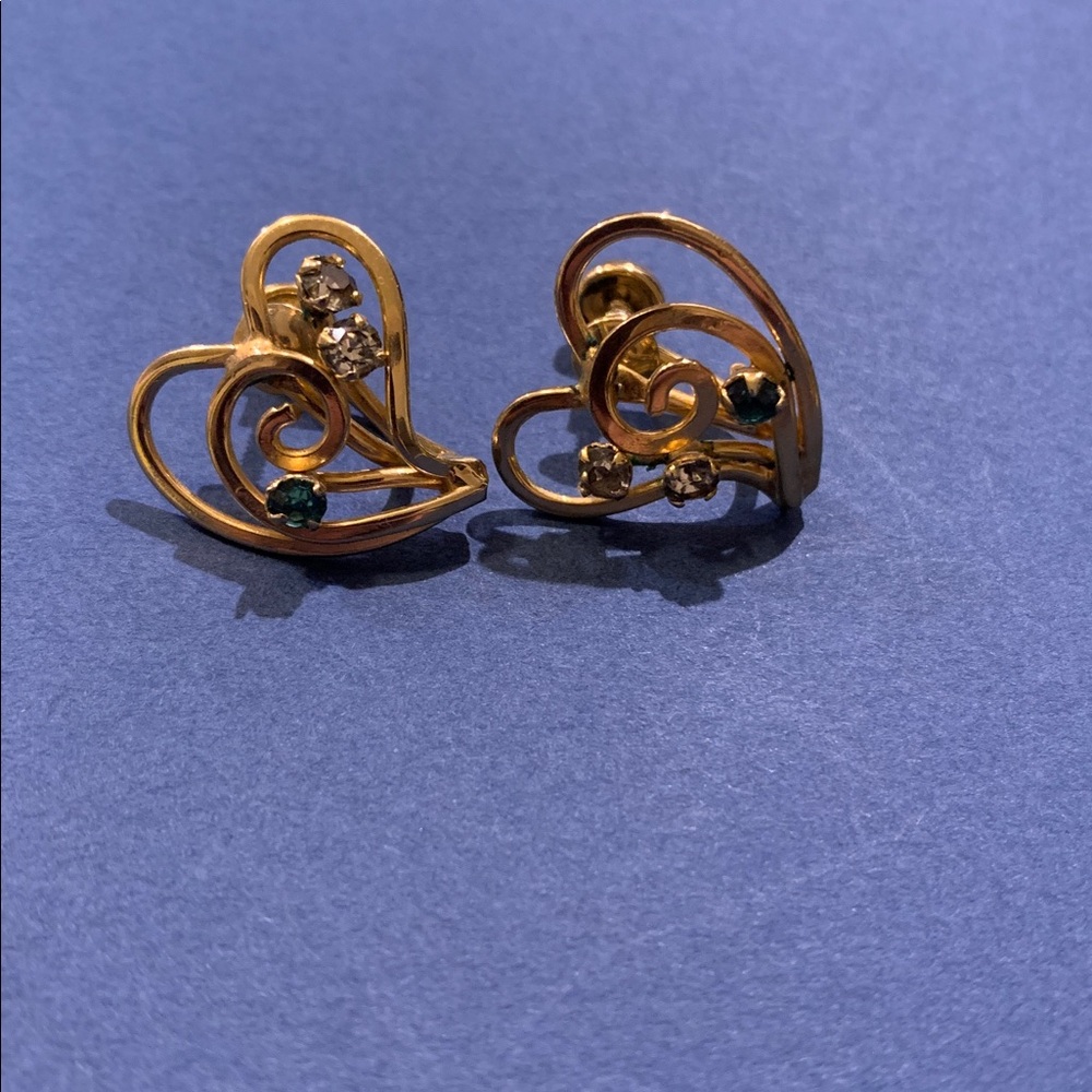 VINTAGE 70’s? 12K GOLD-FILLED w grey and green STONES SCREW-BACK .5” EARRINGS - Picture 2 of 7